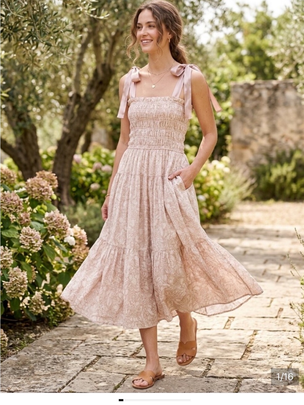 Tie-Shoulder Smocked Midi Dress In Blush Paisley